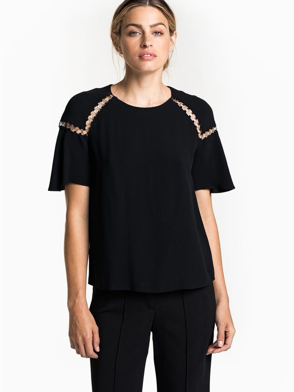NWT A.L.C. Sheila Top - Black Short-Sleeve Blouse with Metal Rings